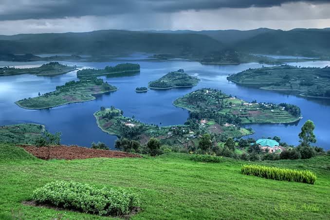 A hight angle scenic view of a blue winding river or channel flowing through bright green rilling hills and plains